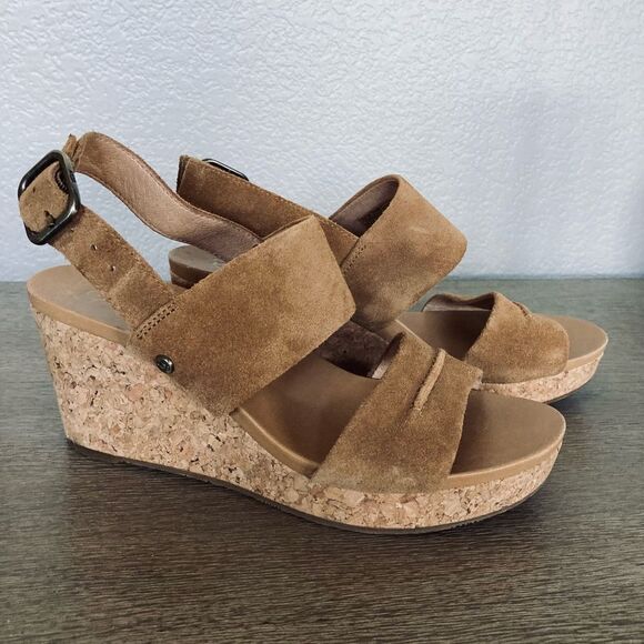 UGG Tan Suede Leather Cork Wedge Sandals 9 - Picture 4 of 8